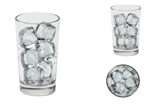 three orthographic views of a hyper-detailed crystal highball tumbler brimming with spherical ice cubes, emphasizing crystalline structure, isolated on brilliant white. concept for premium