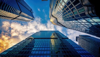 Skyscrapers Rising High: A majestic view of tall, modern skyscrapers, piercing a vibrant sky, showcasing the ambitious heights of modern architecture.