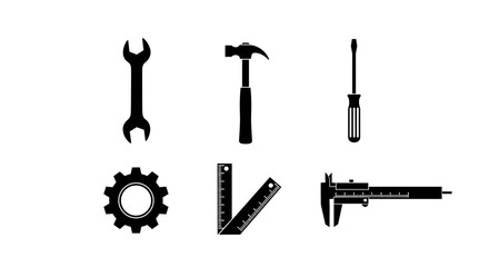 Obraz premium Handyman tools for home improvement projects, ensuring accuracy and efficiency with wrench, hammer, screwdriver, gear, ruler, and caliper