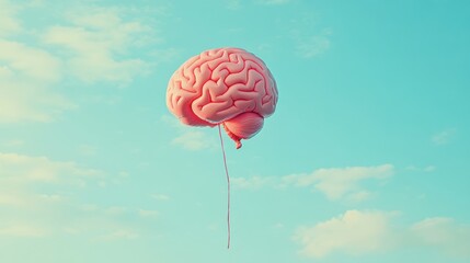 A pink brainshaped object with red drops falling, floating in a clear blue sky with scattered clouds