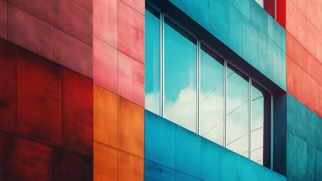 Colorful modern building facade with reflecting windows