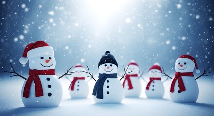 A group of cheerful snowmen wearing hats and scarves stand together in a snowy winter landscape under falling snowflakes and bright light