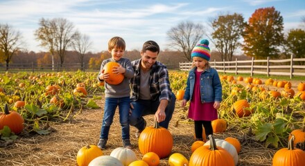 Man with his son and daughter picking pumpkins in a pumpkin patch. Family activity on an autumn farm during Thanksgiving and Halloween season.