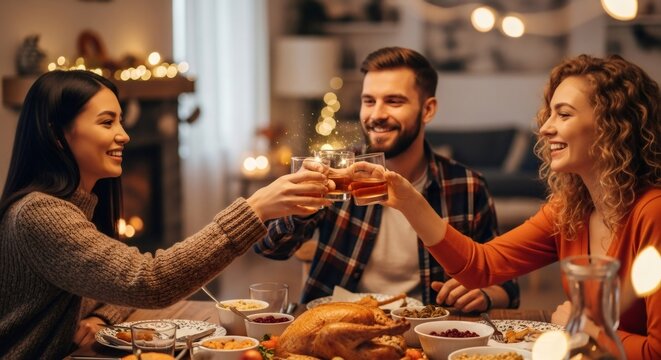 Man and two women toast with drinks at dinner table during Thanksgiving celebration. Festive family gathering with holiday meal for gratitude concept.
