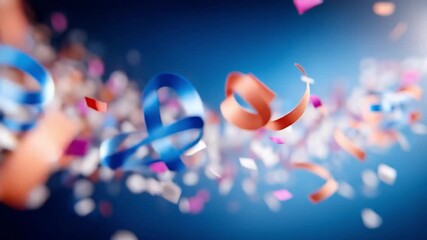 Festive Ribbons and Confetti: Vibrant ribbons and confetti dance across a gradient blue backdrop, capturing the essence of celebration. This image exudes a sense of joy and festivity.