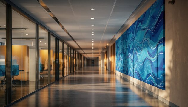 Office Corridor: A modern office corridor featuring sleek architectural design, glass-enclosed offices, and a captivating artwork installation.