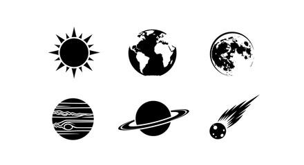 Explore the cosmos with this cool black and white planet set, ideal for science projects and graphic designs, celestial icons for creative projects
