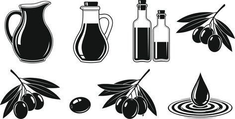 Set of Black and White Olive Oil and Olives Vintage Icons, Featuring Pitcher, Bottles, Olive Branches, and Oil Drop for Food and Cooking Product Labels Vector