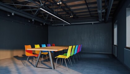 Modern Meeting Room: A sleek, contemporary meeting room with vibrant chairs arranged around a large wooden table, illuminated by modern lighting.