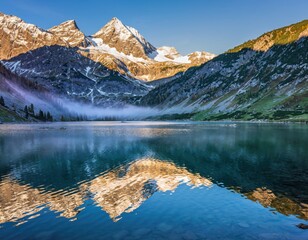 Fototapeta premium Tranquil Mountain Reflections: Majestic snow-capped peaks mirror in the still waters of a pristine lake, with a hint of morning mist clinging to the valley. Capturing the serenity and natural beauty.