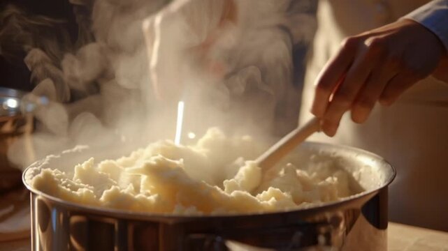 Cinematic Close-Up of a Person Making Mashed Potatoes, Capturing the Creamy Texture, Buttery Ingredients, Hand Motion, and Warm, Rustic Kitchen Atmosphere in a Delicious, Homestyle Culinary Scene