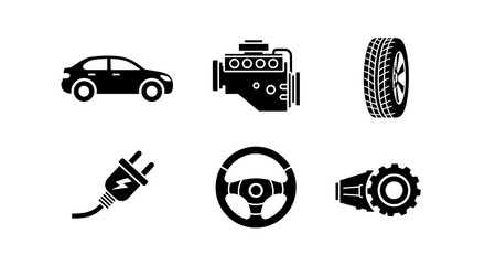Automotive icons showcase car, engine, tire, plug, steering wheel, and gear, perfect for mechanics, car enthusiasts, and transportation themes