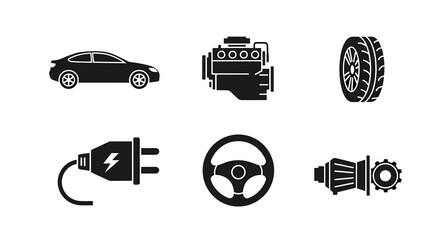 Auto parts and car components for repair or maintenance services, showcasing electric vehicle charging, engine, and steering concepts for automotive industry