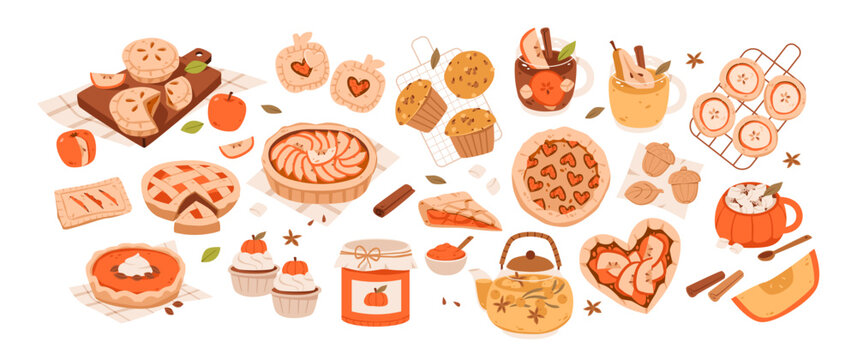Autumn Baked Goods and Cozy Fall Treats. Flat vector illustration of various autumn desserts and drinks including pies, cookies, muffins, cider, and spices in warm seasonal colors.
