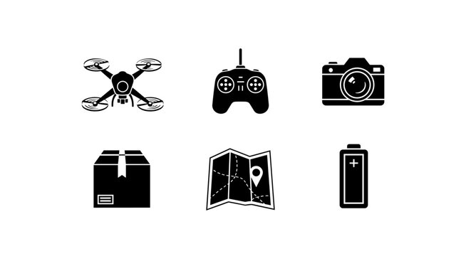 Drone delivery essentials set for modern logistics and e-commerce showing camera, map, controller and battery icons for innovative technology