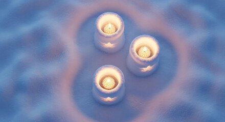 Three burning candles in snow covered candle holders creating a warm glow in winter