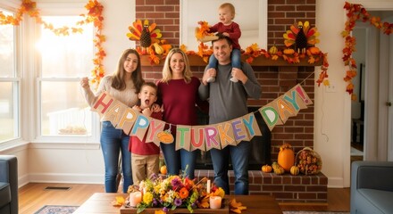 Four people and a baby celebrating Thanksgiving in home with happy turkey day banner. Family gathering for autumn holiday.
