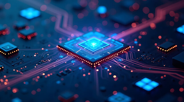 Macro closeup of a green electronic circuit board showing microchip components, the processor, and other hardware that form a computer's motherboard for digital technology