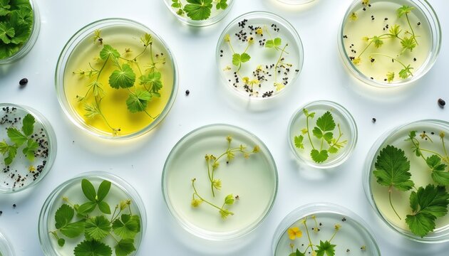 Multiple petri dishes hold green plant samples and clear liquids. Scientists study leaf growth and organic cultures in a clean lab environment. Research on botany and natural specimens.