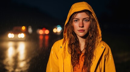 Beautiful young woman in yellow raincoat stands in the rain at night on city street