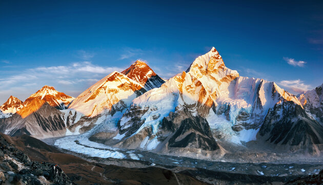 Sunrise Panorama of Mount Everest and Himalayan Peaks - Powered by Adobe