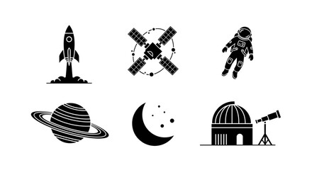 Explore the cosmos with this striking space exploration design featuring a rocket, astronaut, satellite, Saturn, moon, and observatory for all your projects
