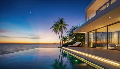 Luxury Waterfront Villa: Modern architecture blends seamlessly with natural beauty as a luxurious villa sits majestically on a waterfront, showcasing an infinity pool, palm trees.