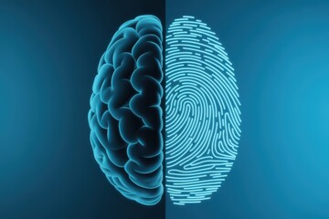 Abstract representation of a human brain fused with a fingerprint on a blue background