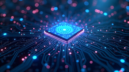 Bright glowing fiber optic cables on a blue and purple shiny star night design background with blurred light spots