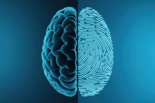 Abstract representation of a human brain fused with a fingerprint on a blue background