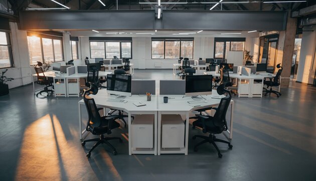 Modern Workspace: A contemporary office space, bathed in natural light, showcases rows of sleek desks and ergonomic chairs, evoking an atmosphere of productivity and innovation.