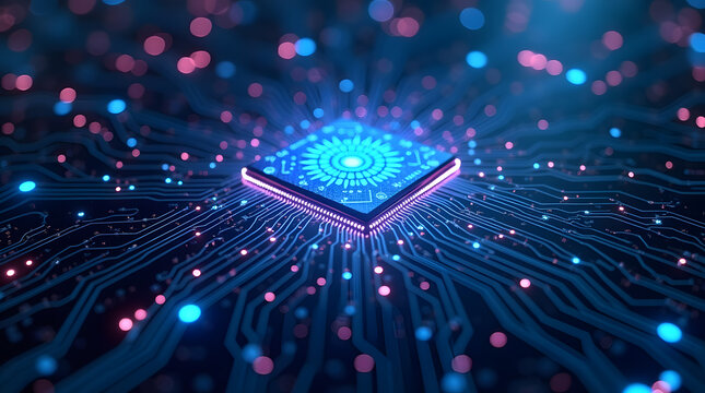 Bright glowing fiber optic cables on a blue and purple shiny star night design background with blurred light spots