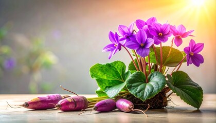 A detailed botanical illustration of the Okinawan sweet potato plant, featuring vibrant purple-fleshed tubers, heart-shaped leaves, and delicate pinkish flowers, set on a soft cream background.