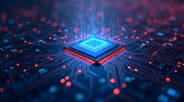 Blue computer motherboard with microchip and electronic components, showcasing digital technology hardware