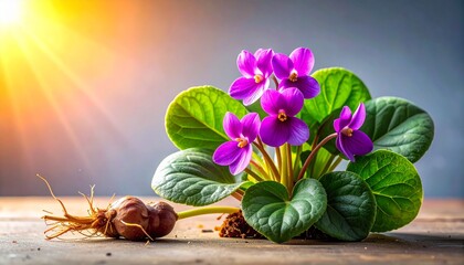 A detailed botanical illustration of the Okinawan sweet potato plant, featuring vibrant purple-fleshed tubers, heart-shaped leaves, and delicate pinkish flowers, set on a soft cream background.