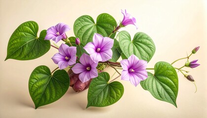 A detailed botanical illustration of the Okinawan sweet potato plant, featuring vibrant purple-fleshed tubers, heart-shaped leaves, and delicate pinkish flowers, set on a soft cream background.