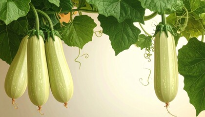 A detailed botanical illustration of the opo squash plant, showcasing its long pale-green gourds, wide leafy vines, and curling tendrils, beautifully arranged on a soft cream background.