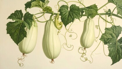 A detailed botanical illustration of the opo squash plant, showcasing its long pale-green gourds, wide leafy vines, and curling tendrils, beautifully arranged on a soft cream background.