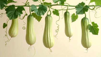 A detailed botanical illustration of the opo squash plant, showcasing its long pale-green gourds, wide leafy vines, and curling tendrils, beautifully arranged on a soft cream background.