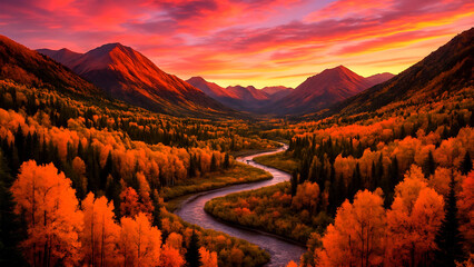 The winding river cuts across a valley glowing with autumn colors, all beneath a radiant sky.