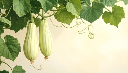 A detailed botanical illustration of the opo squash plant, showcasing its long pale-green gourds, wide leafy vines, and curling tendrils, beautifully arranged on a soft cream background.