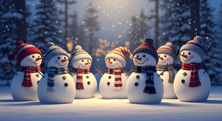 A charming group of smiling snowmen wearing colorful knitted hats and scarves stand together in a snowy forest at night