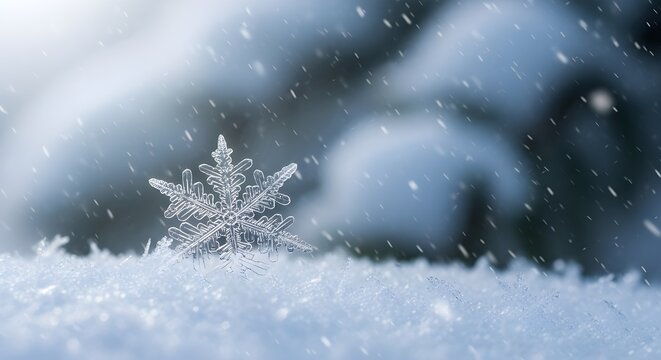 Macro photograph of a delicate snowflake resting on a blanket of fresh snow with soft bokeh background of winter forest trees