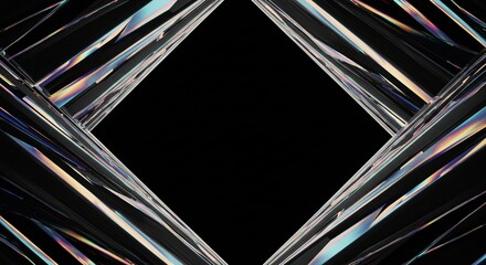 Futuristic abstract square frame with prismatic light streaks forming sharp diagonal edges on deep black background for tech visuals