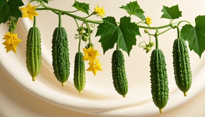 A detailed botanical illustration of the bitter melon plant, highlighting its warty green fruits, star-shaped yellow flowers, and climbing tendrils, set against a soft cream background.