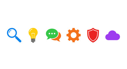 Colorful Icon Set Magnifying Glass, Lightbulb, Chat Bubbles, Gear, Shield, Cloud for Web Design