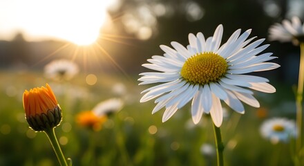 Close up of a delicate white daisy flower with yellow center blooming in a sunlit meadow with soft focus bokeh background