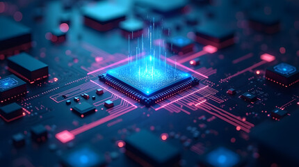 Close-up macro shot of a green electronic circuit board with microchips, illustrating computer hardware technology and digital data processing