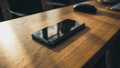 Modern Communication on Wooden Table: A sleek smartphone rests on a rich, textured wooden table, surrounded by the subtle glow of natural light. Emphasizing modern communication. 