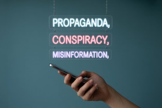 A person holding a smartphone showing neon signs of propaganda, conspiracy, and misinformation